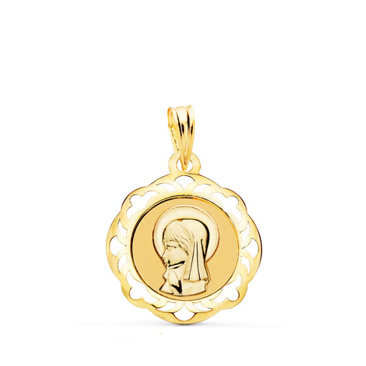 Medalla Virgen Niña Cerco Calado en Brillo 20 x 18 mm de oro amarillo 18K
