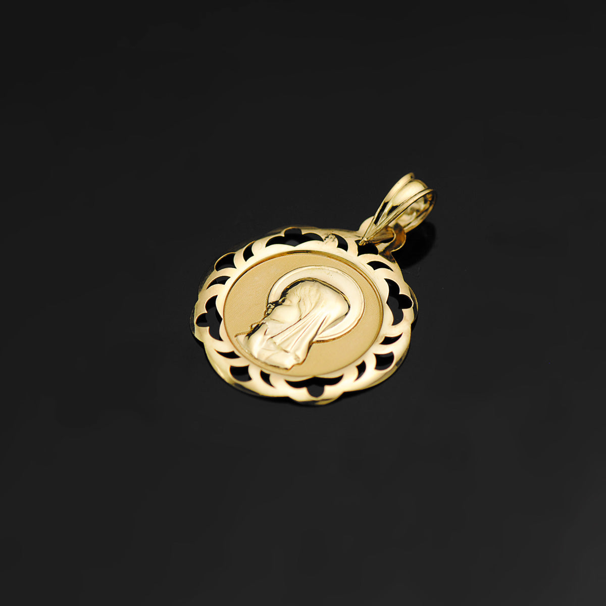 18K MEDALLA ORO AMARILLO VIRGEN NIÑA CERCO CALADO EN BRILLO 20X18 MM