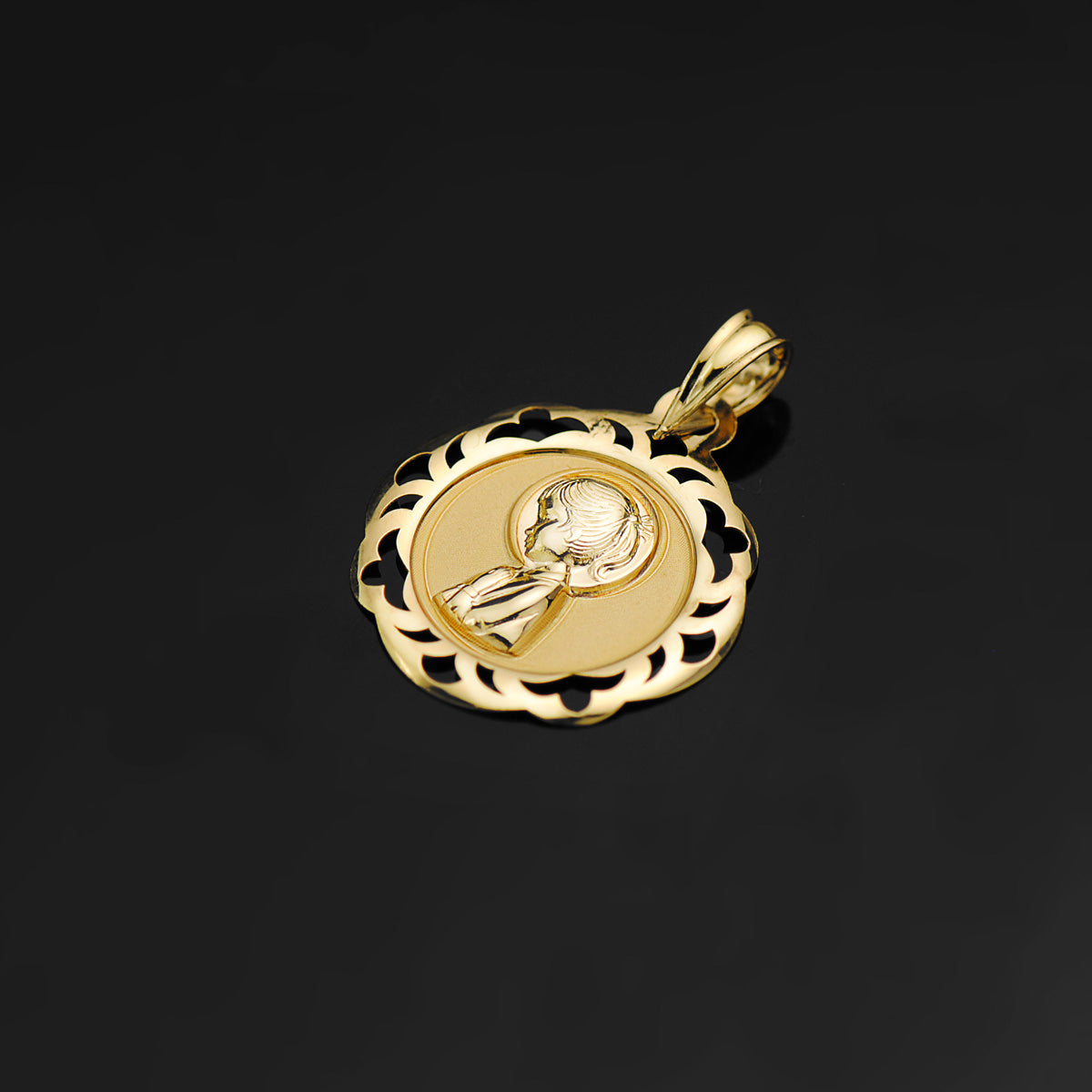Medalla Virgen Niña Cerco Calado en Brillo 20 x 18 mm de oro amarillo 18K