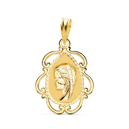 18K MEDALLA ORO AMARILLO VIRGEN NIÑA CERCO CALADO EN BRILLO . 22 X 16 MM