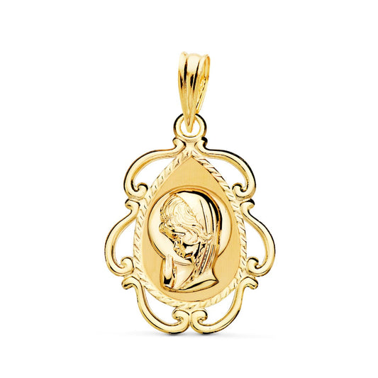 Medalla Virgen Niña Cerco Calado en Brillo . 22 x 16 mm de oro amarillo 18K