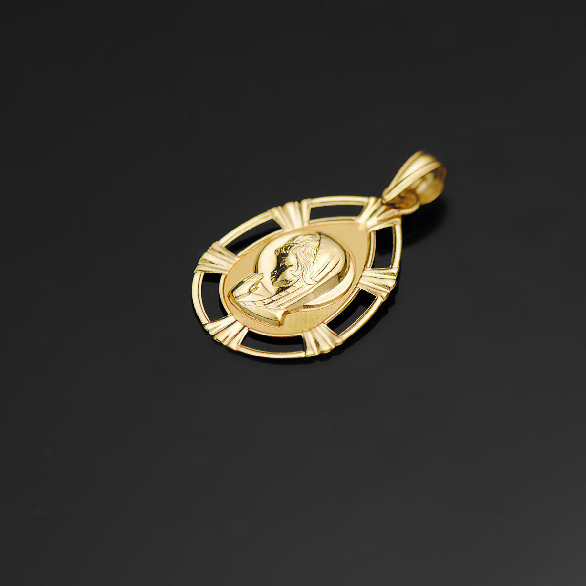 18K MEDALLA ORO AMARILLO VIRGEN NIÑA CERCO CALADO BRILLO FORMA GOTA 23X15 MM