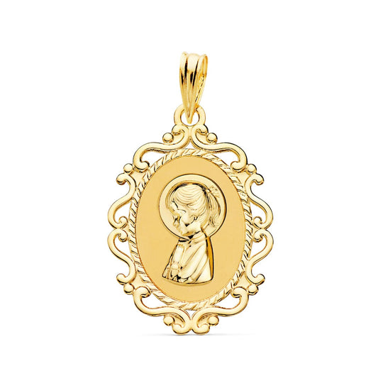 18K MEDALLA ORO AMARILLO VIRGEN NIÑA PERFIL CERCO CALADO BRILLO 23X16 MM