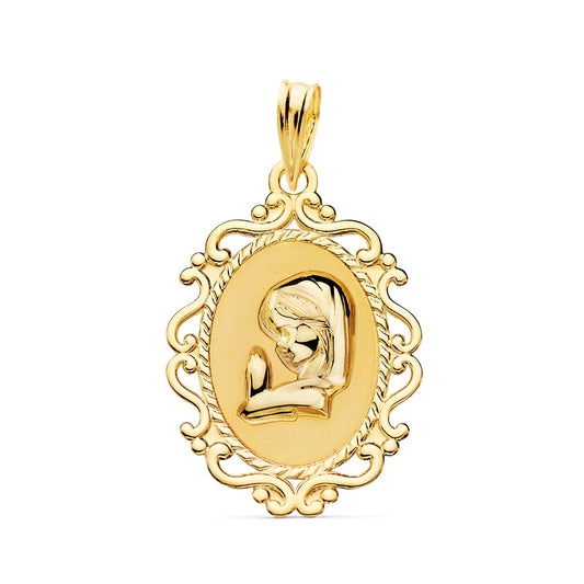 18K MEDALLA ORO AMARILLO VIRGEN NIÑA PERFIL CERCO CALADO BRILLO. 23 X 16 MM