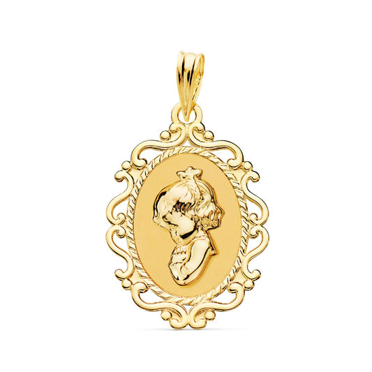 18K MEDALLA ORO AMARILLO VIRGEN NIÑA PERFIL CERCO CALADO BRILLO. 23 X 16 MM