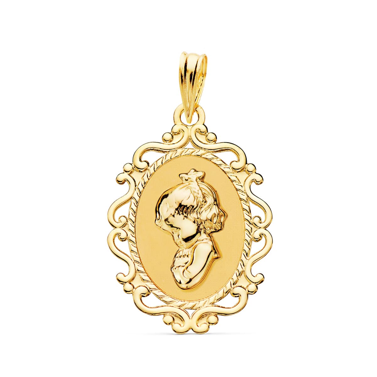 18K MEDALLA ORO AMARILLO VIRGEN NIÑA PERFIL CERCO CALADO BRILLO. 23 X 16 MM