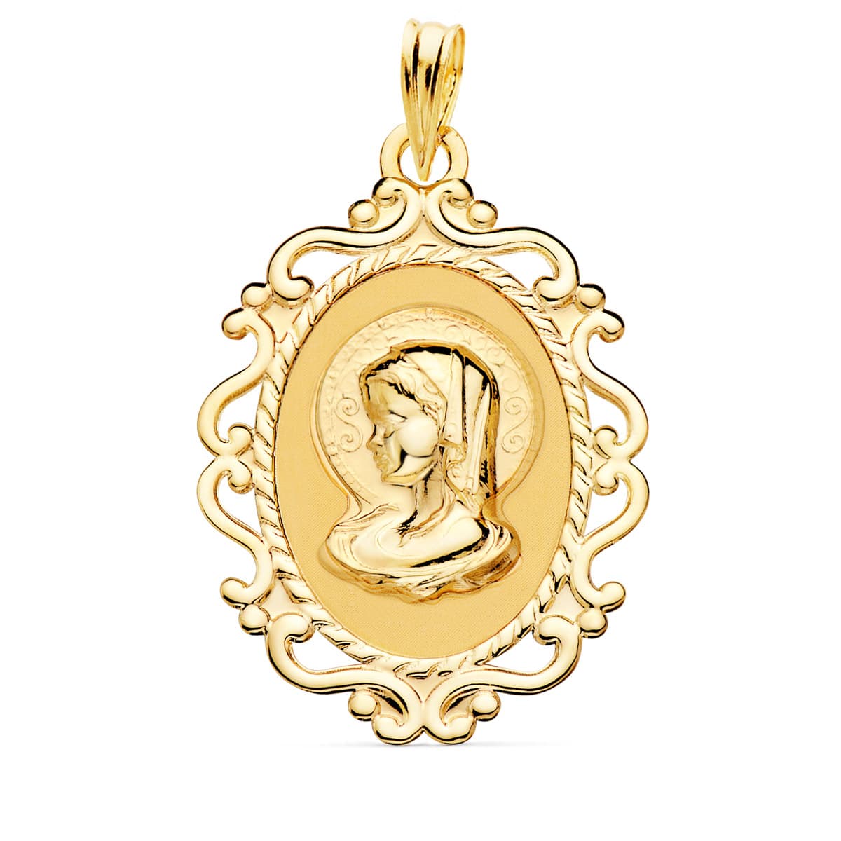 Medalla Virgen Niña Cerco Calado en Brillo. 31 x 21 mm de oro amarillo 18K