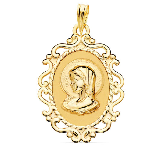 Medalla Virgen Niña Cerco Calado en Brillo. 31 x 21 mm de oro amarillo 18K