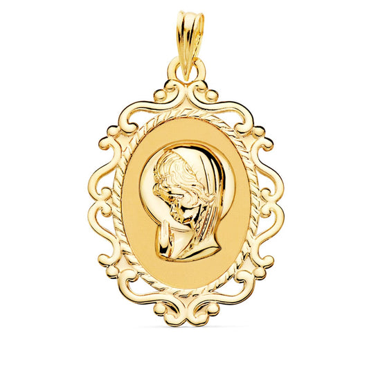 Medalla Virgen Niña Cerco Calado en Brillo 31 x 21 mm de oro amarillo 18K