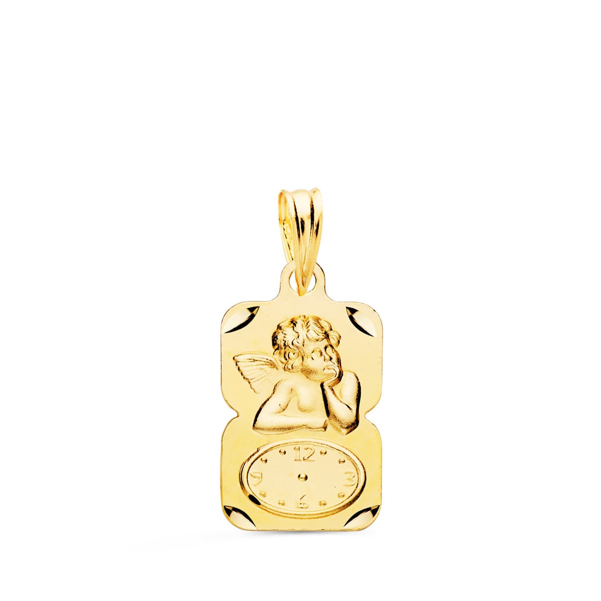18K MEDALLA ORO AMARILLO RECTANGULO ANGELITO BURLON CON RELOJ TALLADA 19X11 MM
