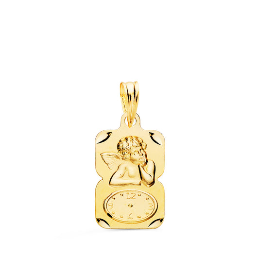 18K MEDALLA ORO AMARILLO RECTANGULO ANGELITO BURLON CON RELOJ TALLADA 19X11 MM