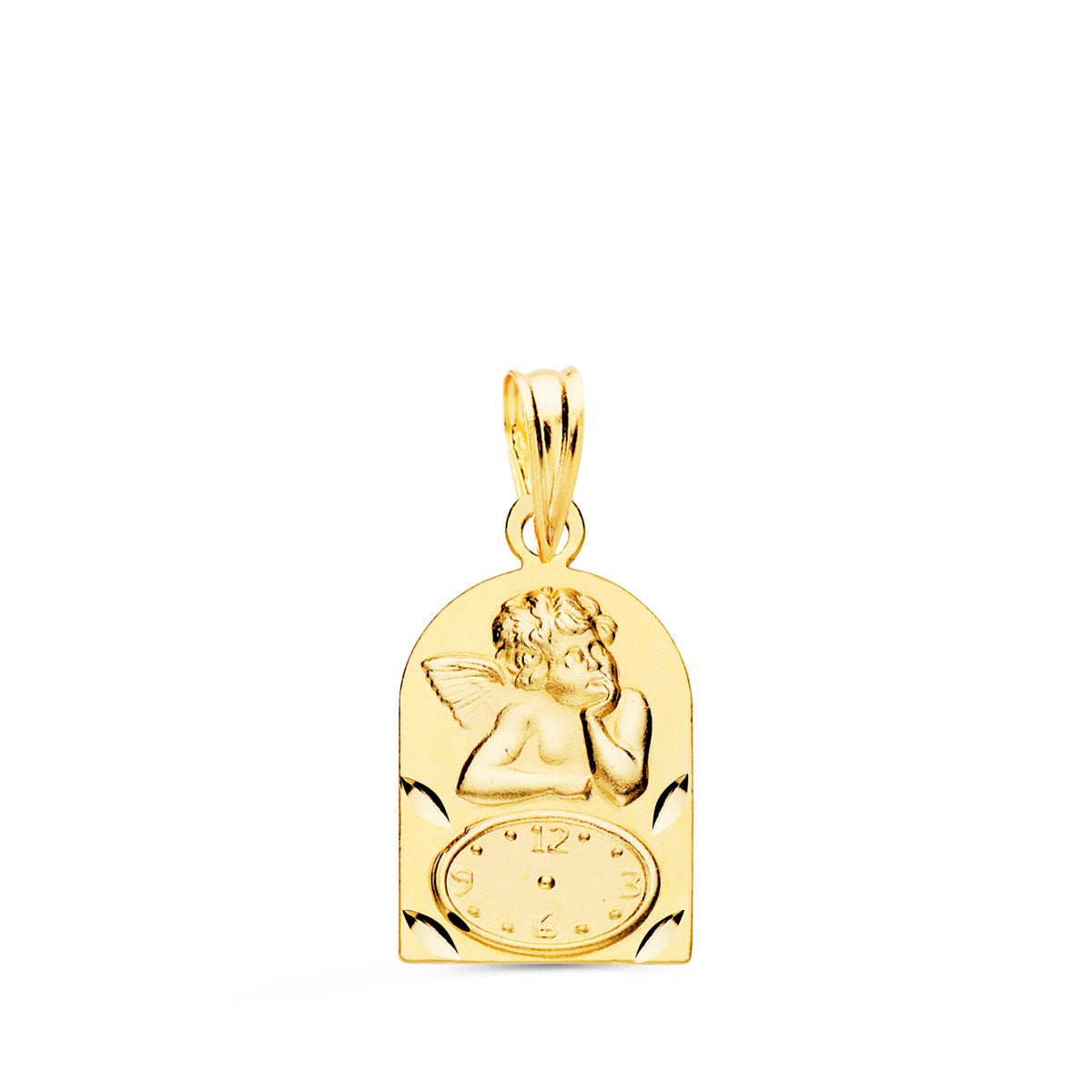 18K MEDALLA ORO AMARILLO ARCO ANGELITO BUROL CON RELOJ TALLADA 18X11 MM