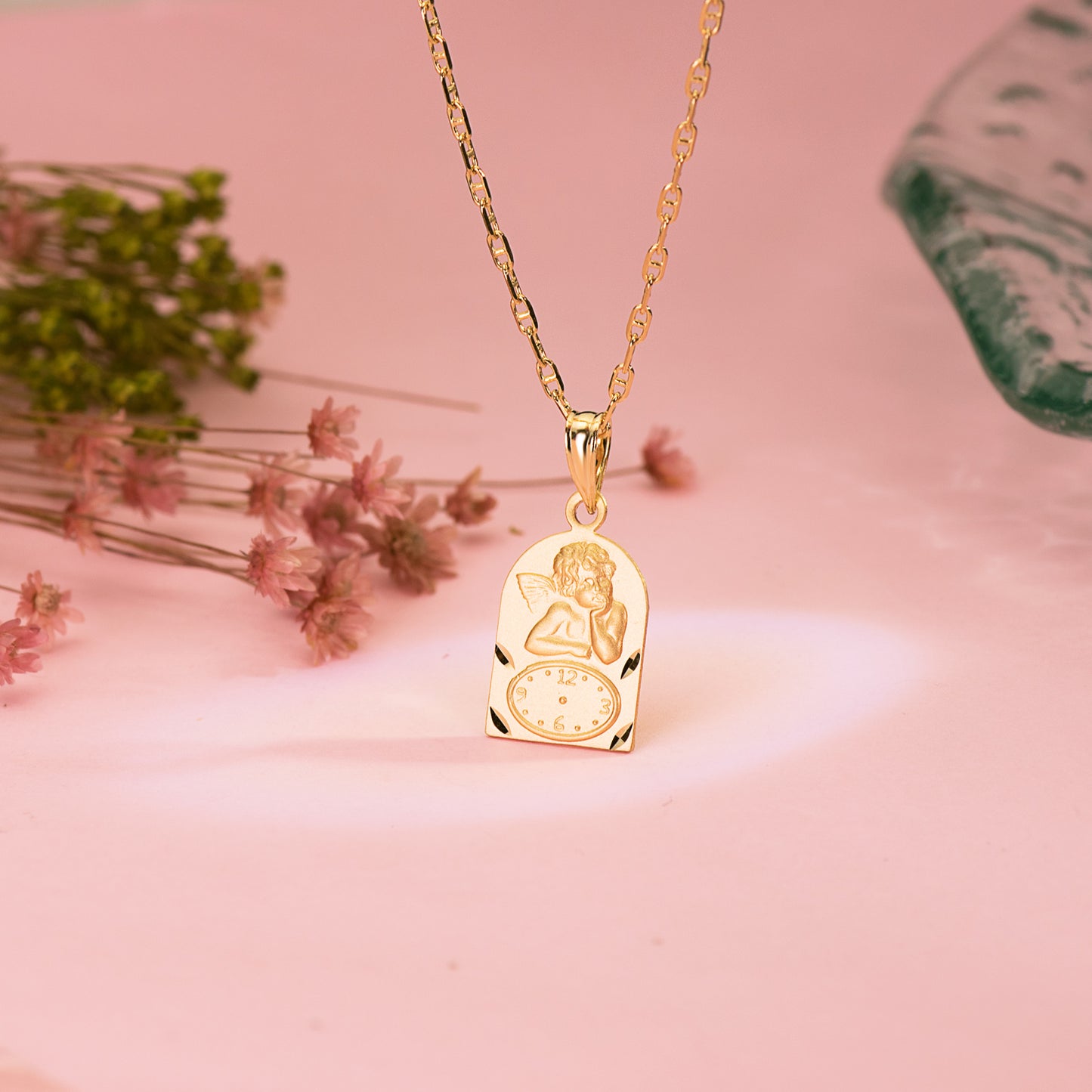 18K MEDALLA ORO AMARILLO ARCO ANGELITO BUROL CON RELOJ TALLADA 18X11 MM