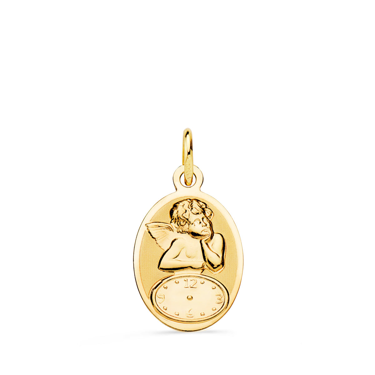 18K MEDALLA ORO AMARILLO OVAL ANGELITO BURLON CON RELOJ BRILLO Y MATE 19X12 MM