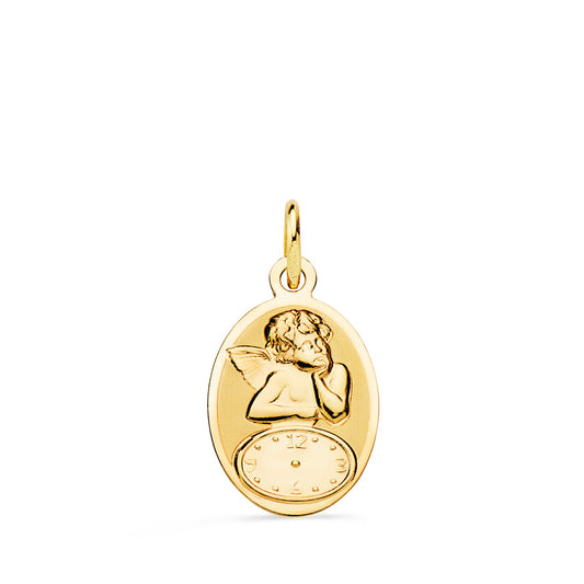 18K MEDALLA ORO AMARILLO OVAL ANGELITO BURLON CON RELOJ BRILLO Y MATE 19X12 MM