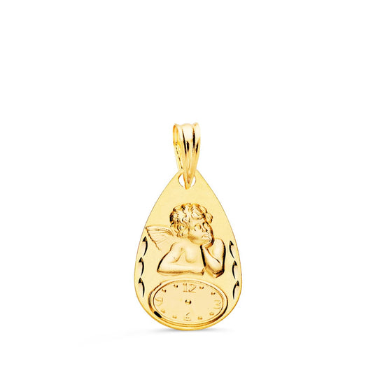 9K MEDALLA ORO AMARILLO GOTA ANGELITO BURLON CON RELOJ TALLADA 19X11 MM