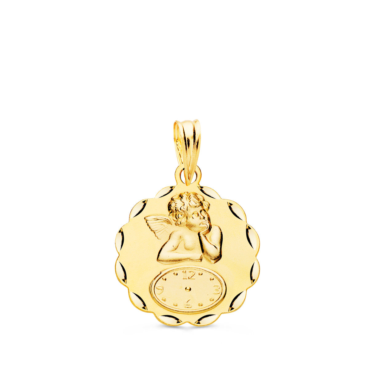 Medalla Redonda Angelito Burlon con Reloj Tallada 16 mm de oro amarillo 9K