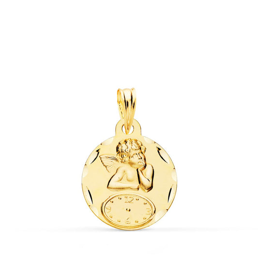 9K MEDALLA ORO AMARILLO REDONDA ANGELITO BURLON CON RELOJ TALLADA 15 MM