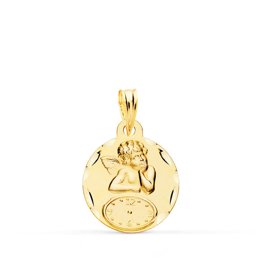18K MEDALLA ORO AMARILLO REDONDA ANGELITO BURLON CON RELOJ TALLADA 15 MM