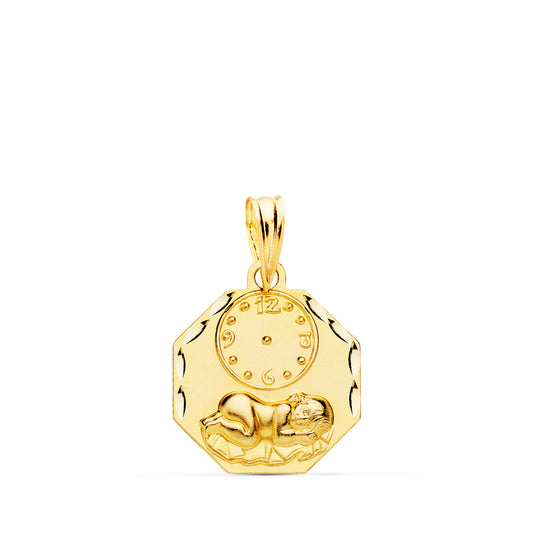 Medalla Octogonal Niño de la Hora con Reloj Tallada 15 x 15 mm de oro amarillo 18K