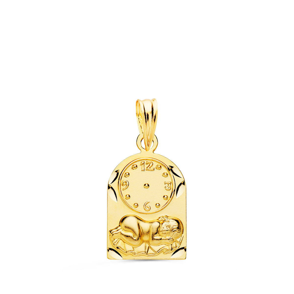 18K MEDALLA ORO AMARILLO ARCO NIÑO DE LA HORA CON RELOJ TALLADA 18X11 MM