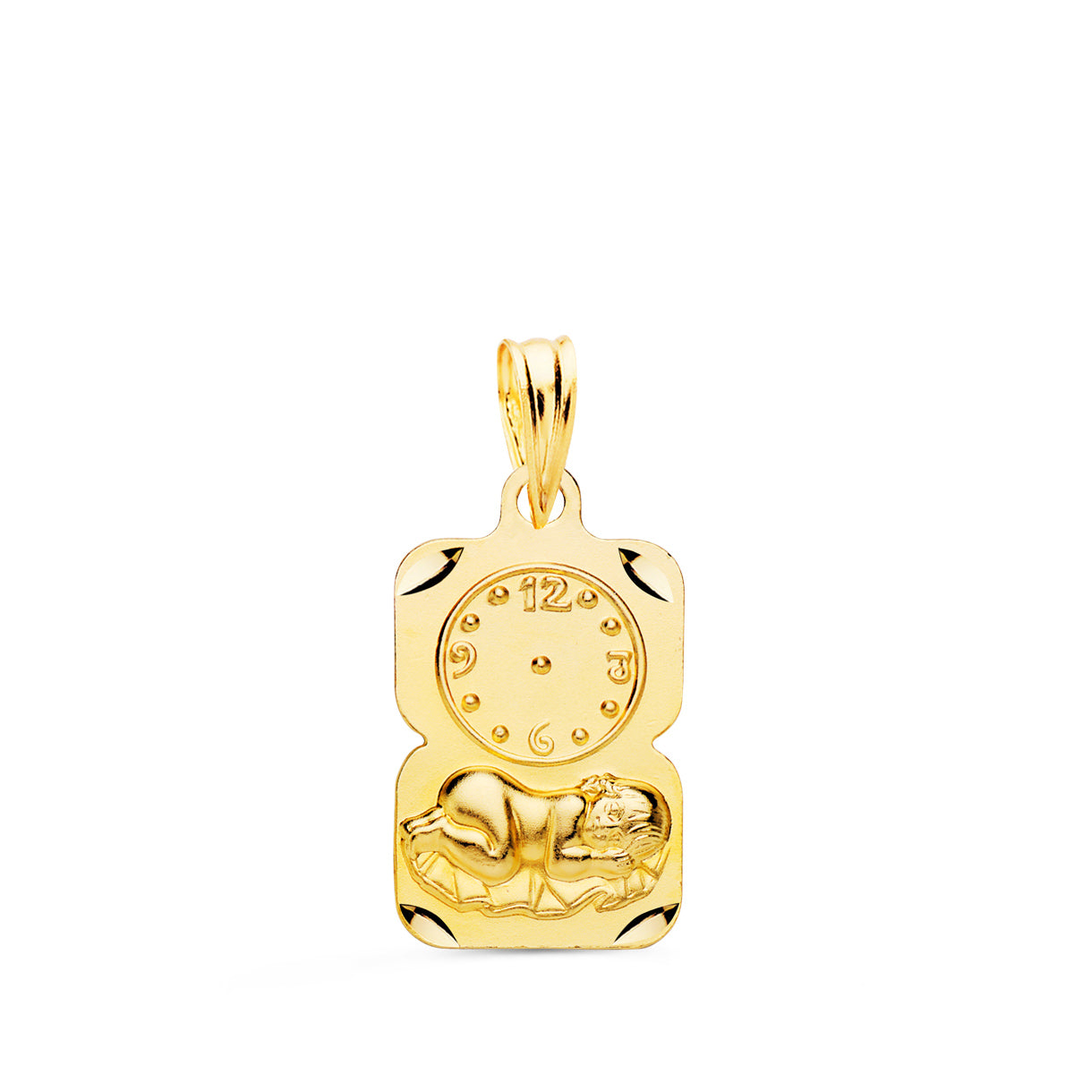Medalla Rectangulo Niño de la Hora con Reloj Tallada 19 x 11 mm de oro amarillo 9K