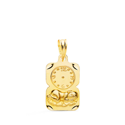 Medalla Rectangulo Niño de la Hora con Reloj Tallada 19 x 11 mm de oro amarillo 18K