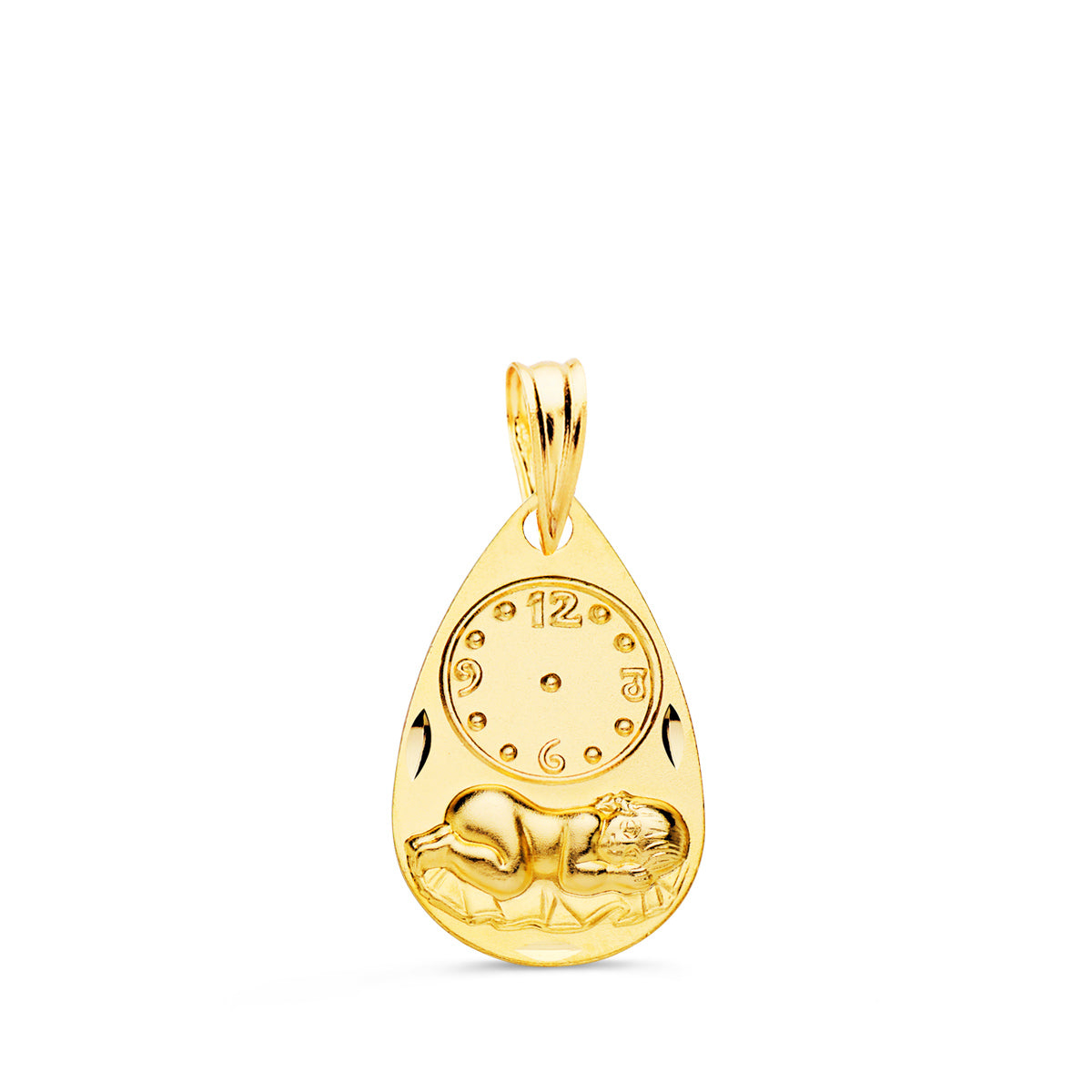 Medalla Gota Niño de la Hora con Reloj Tallada 19 x 11 mm de oro amarillo 18K