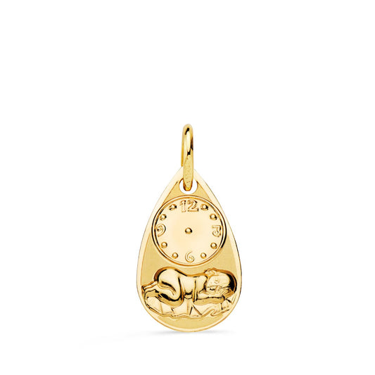 9K MEDALLA ORO AMARILLO GOTA NIÑO DE LA HORA CON RELOJ BRILLO Y MATE 19X11 MM