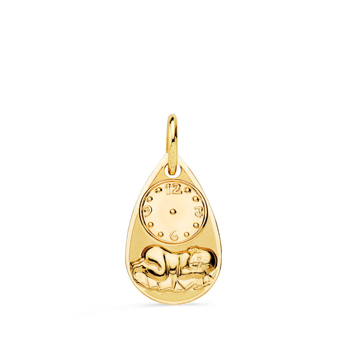 Medalla Gota Niño de la Hora con Reloj Brillo y Mate 19 x 11 mm de oro amarillo 18K