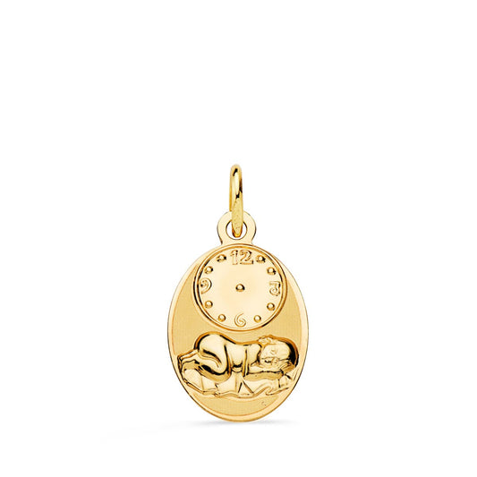 9K MEDALLA ORO AMARILLO OVAL NIÑO DE LA HORA CON RELOJ BRILLO Y MATE 19X12 MM