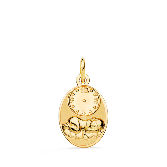 Medalla Oval Niño de la Hora con Reloj Brillo y Mate 19 x 12 mm de oro amarillo 18K