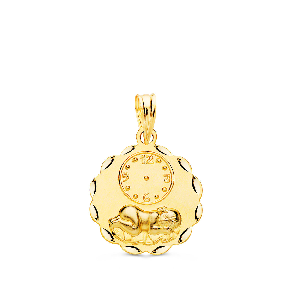 Medalla Redonda Niño de la Hora con Reloj Tallada 16 mm de oro amarillo 18K