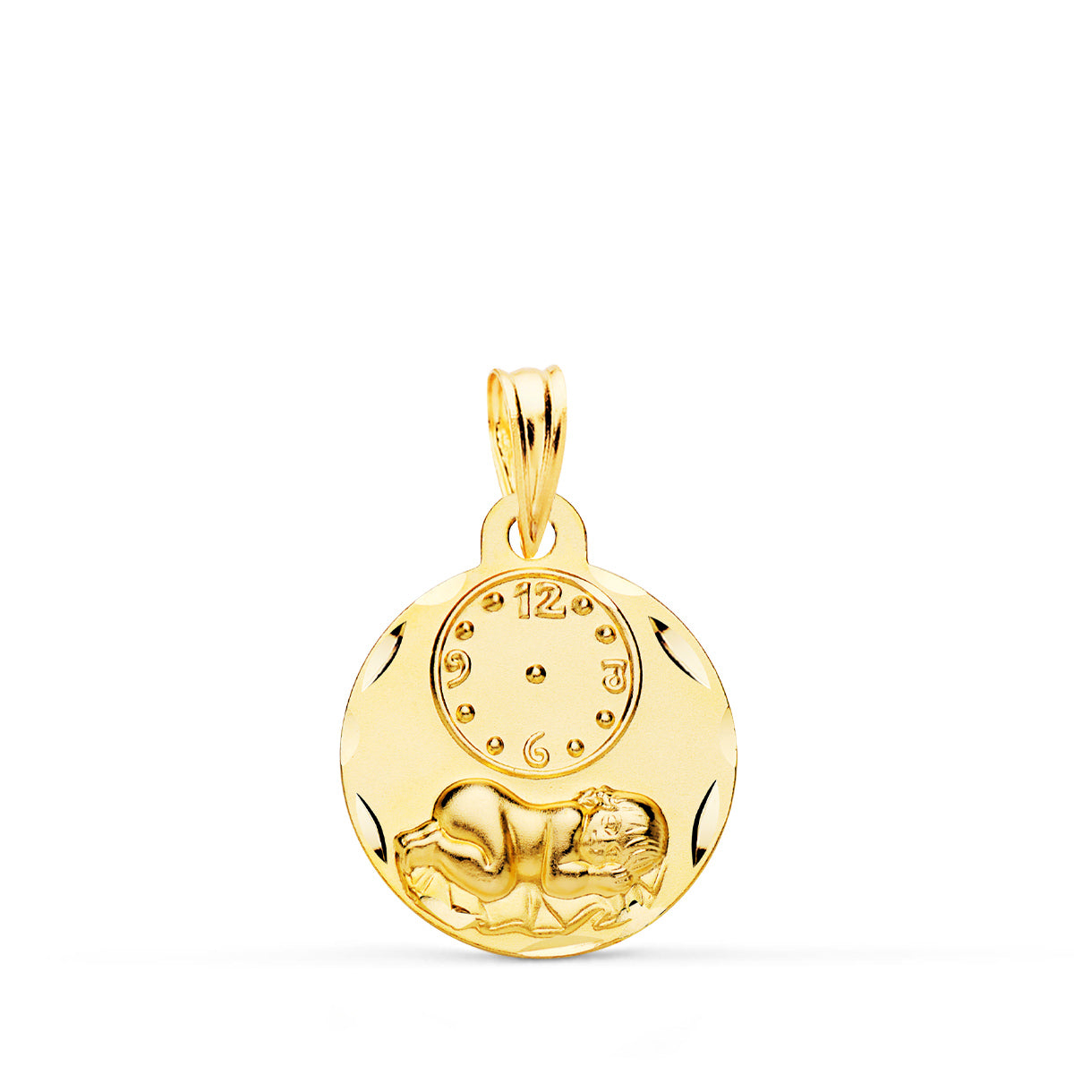 Medalla Redonda Niño de la Hora con Reloj Tallada 15 mm de oro amarillo 9K
