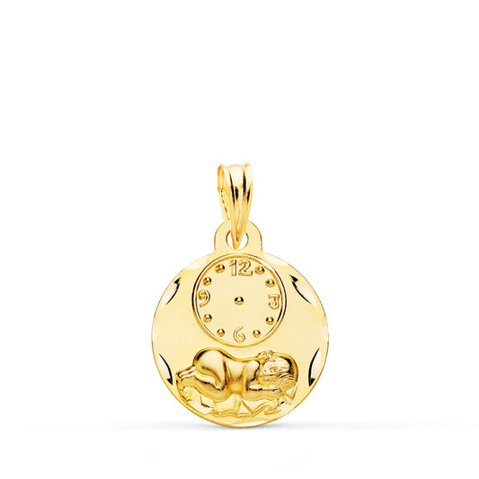 9k MEDALLA ORO AMARILLO REDONDA NIÑO DE LA HORA CON RELOJ TALLADA 15 MM