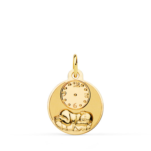 18K MEDALLA ORO AMARILLO REDONDA NIÑO DE LA HORA CON RELOJ BRILLO Y MATE 15 MM