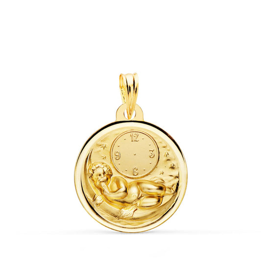 18K MEDALLA ORO AMARILLO NIÑO DE LA HORA SOBRE LUNA CON RELOJ EN BISEL 18 MM