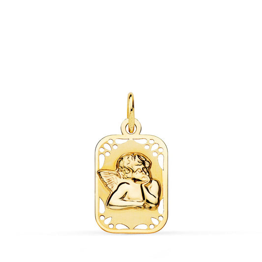 9K MEDALLA ORO AMARILLO RECTANGULAR ANGELITO BURLON BRILLO Y MATE 19X11 MM