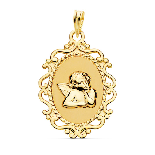 Medalla Angel Burlon Brillo y Cerco Calado 23 x 16 mm de oro amarillo 18K
