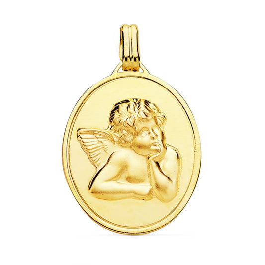 18K COLGANTE MEDALLA ORO AMARILLO ACABADO EN BRILLO Y ANGEL BURLON EN MATIZADO 24X18 MM