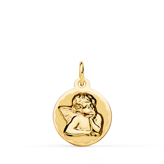 18K MEDALLA ORO AMARILLO REDONDA ANGELITO BURLON BRILLO Y MATE 14 MM