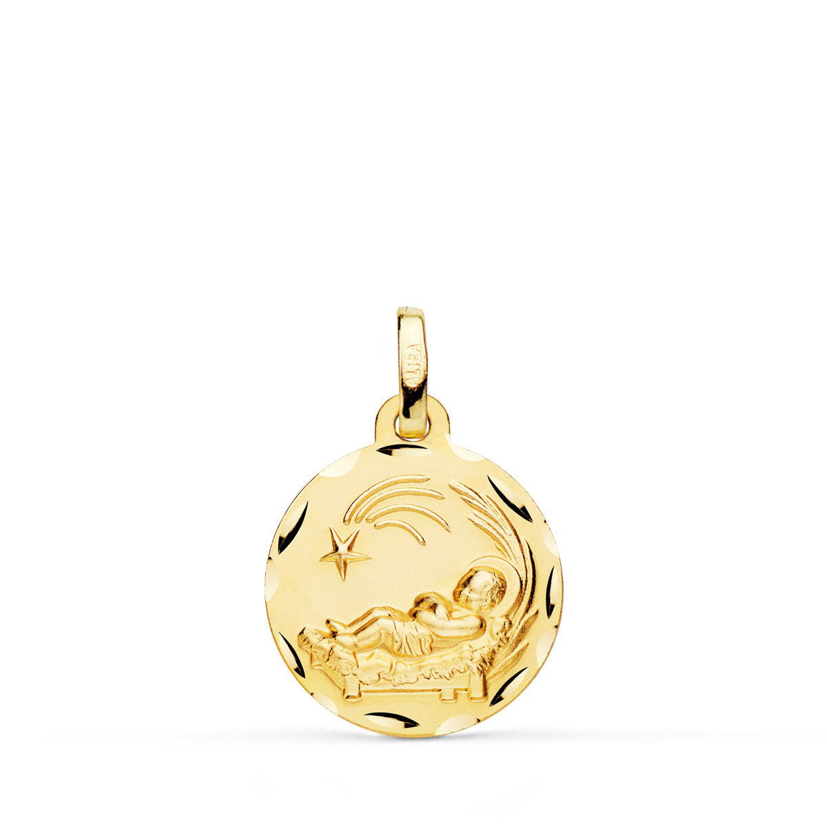 9K MEDALLA ORO AMARILLO NIÑO DEL PESEBRE TALLADA 16 MM