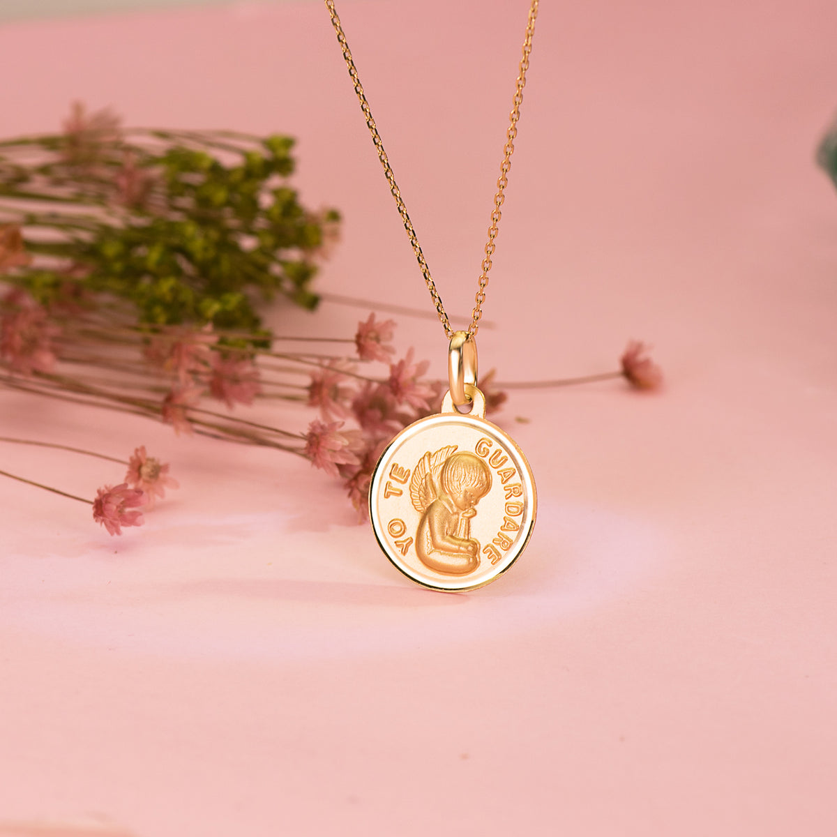 Medalla Angel " Yo Te Guardare " Bisel 16 mm de oro amarillo 18K