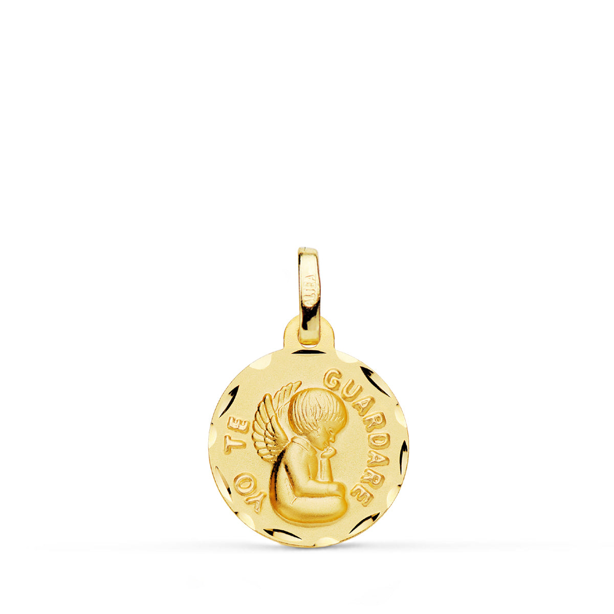 Medalla Tallada Angel " Yo Te Guardare " 14 mm de oro amarillo 18K