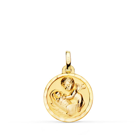Medalla Angel de la Guarda con Niño 15 mm Bisel de oro amarillo 18K