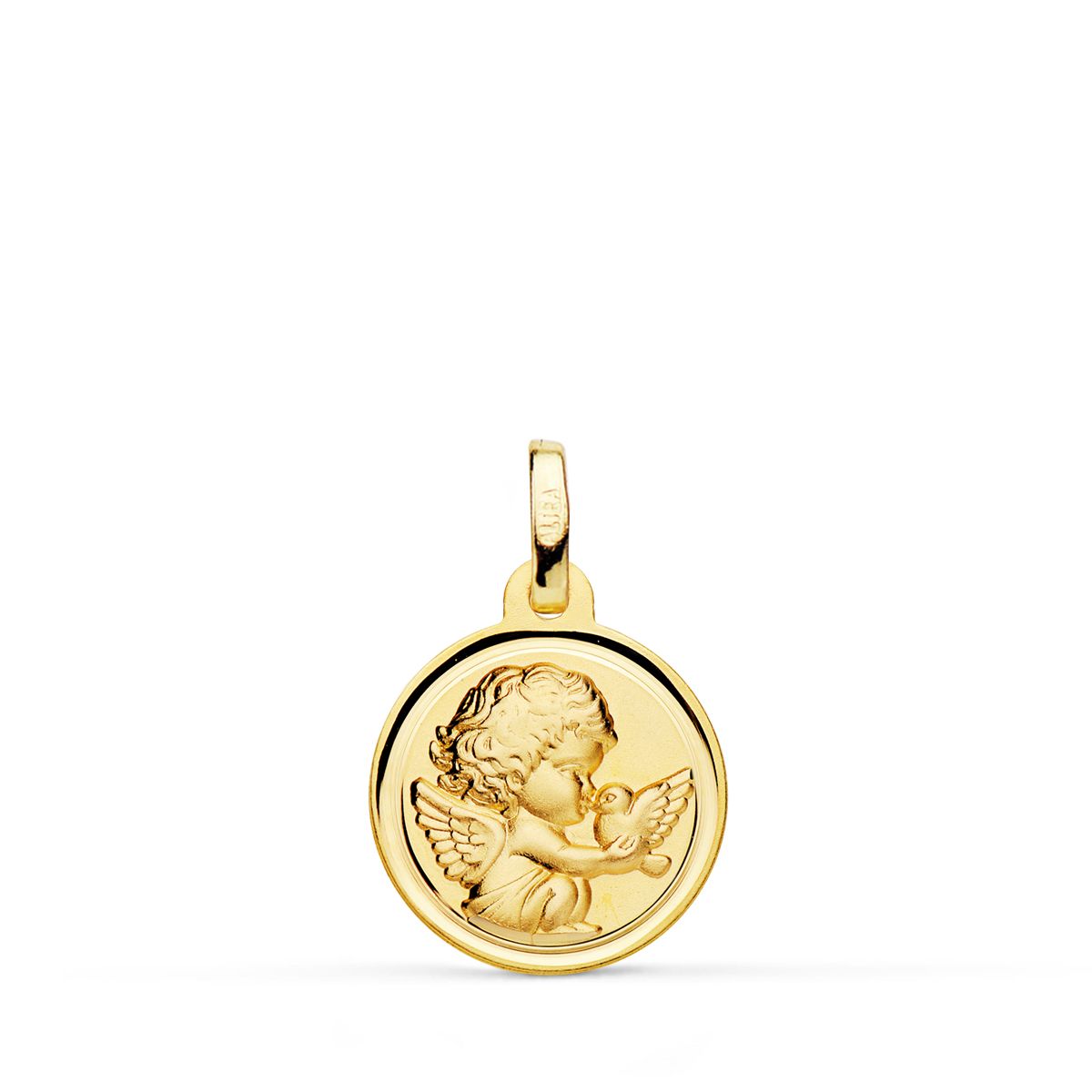 Medalla Angel Niño Burlon con Pajaro Bisel 14 mm de oro amarillo 18K