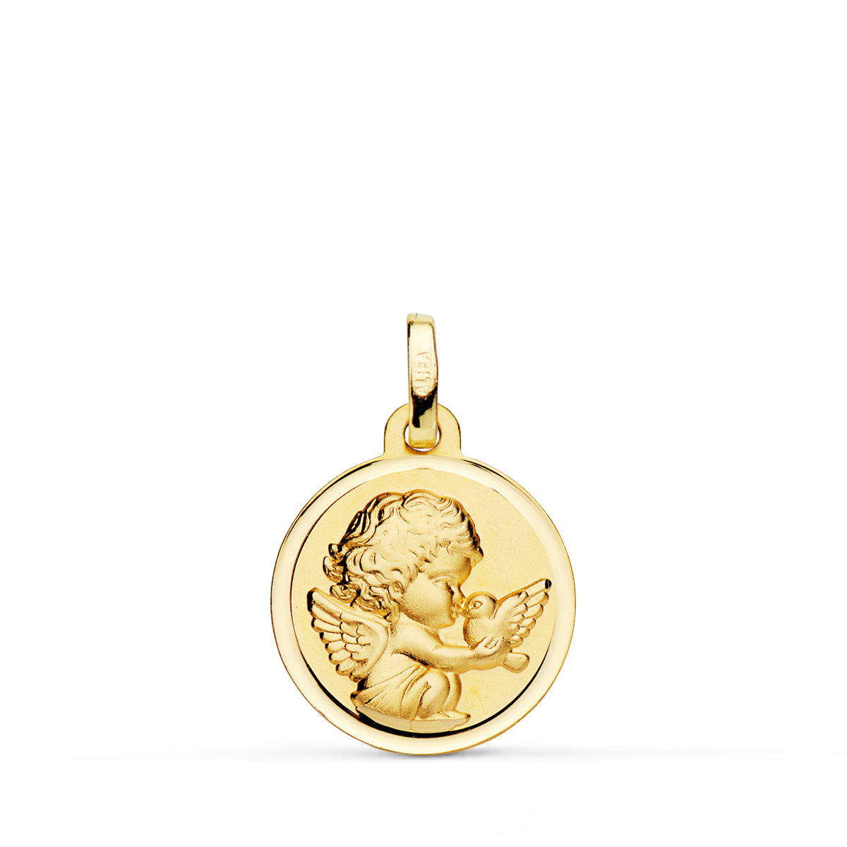 Medalla Angel Niño Burlon con Paloma Bisel 16 mm de oro amarillo 18K