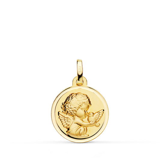 18K MEDALLA ORO AMARILLO ANGEL NIÑO BURLON CON PALOMA BISEL 16 MM