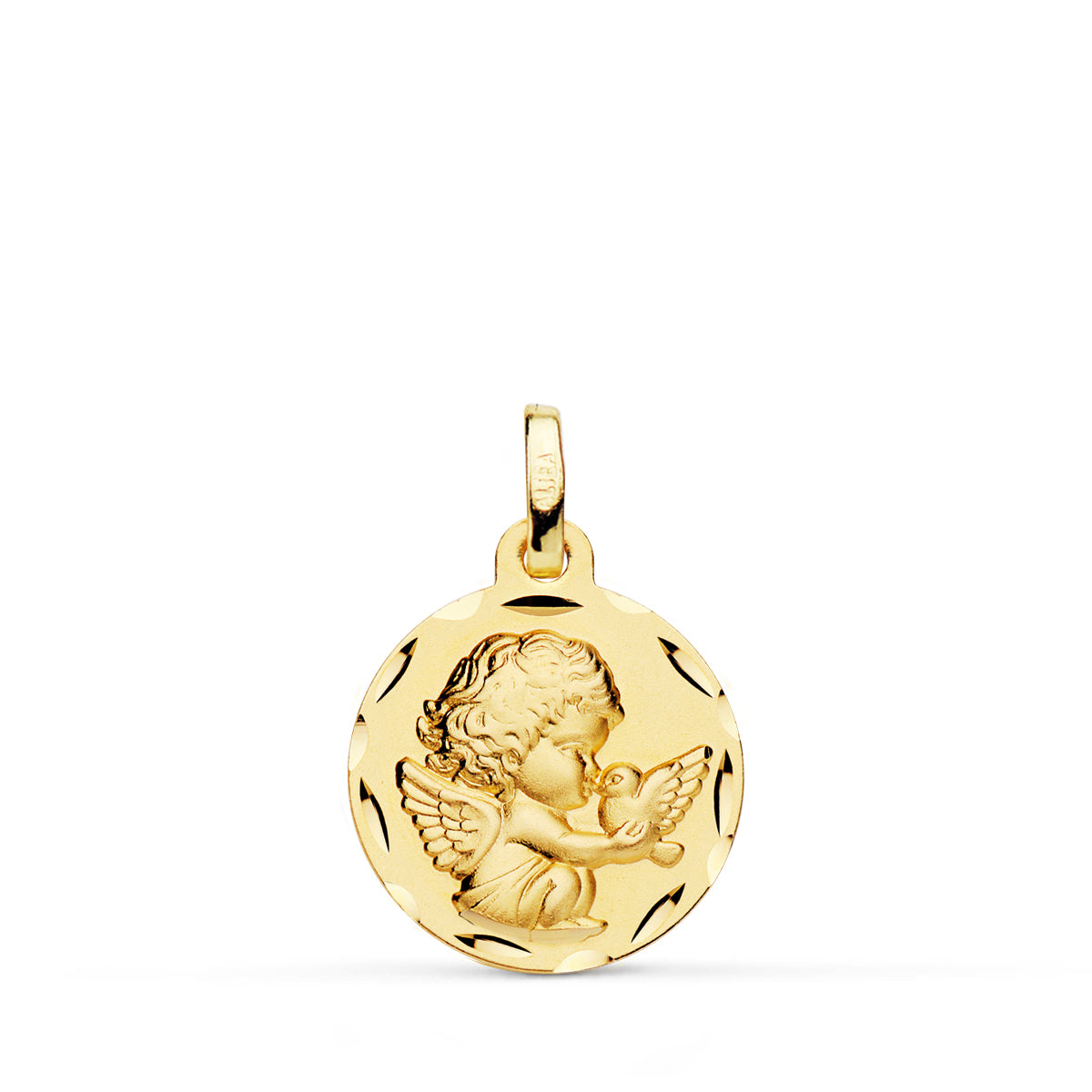 18K MEDALLA ORO AMARILLO ANGEL NIÑO BURLON CON PALOMA TALLADA 16 MM