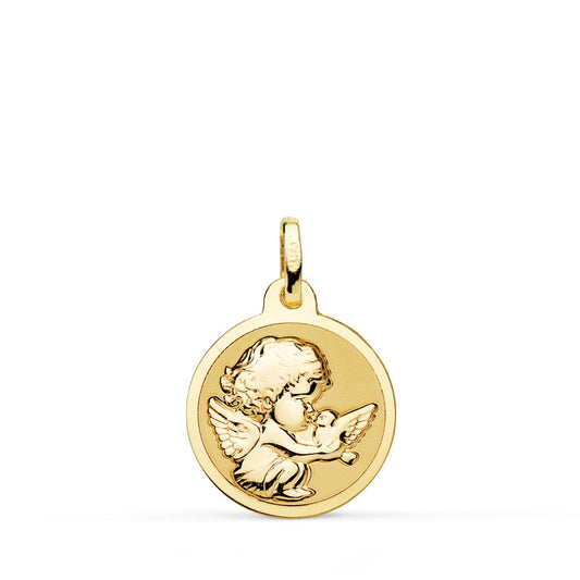 18K MEDALLA ORO AMARILLO ANGELITO BURLON CON PALOMA BRILLO 16 MM